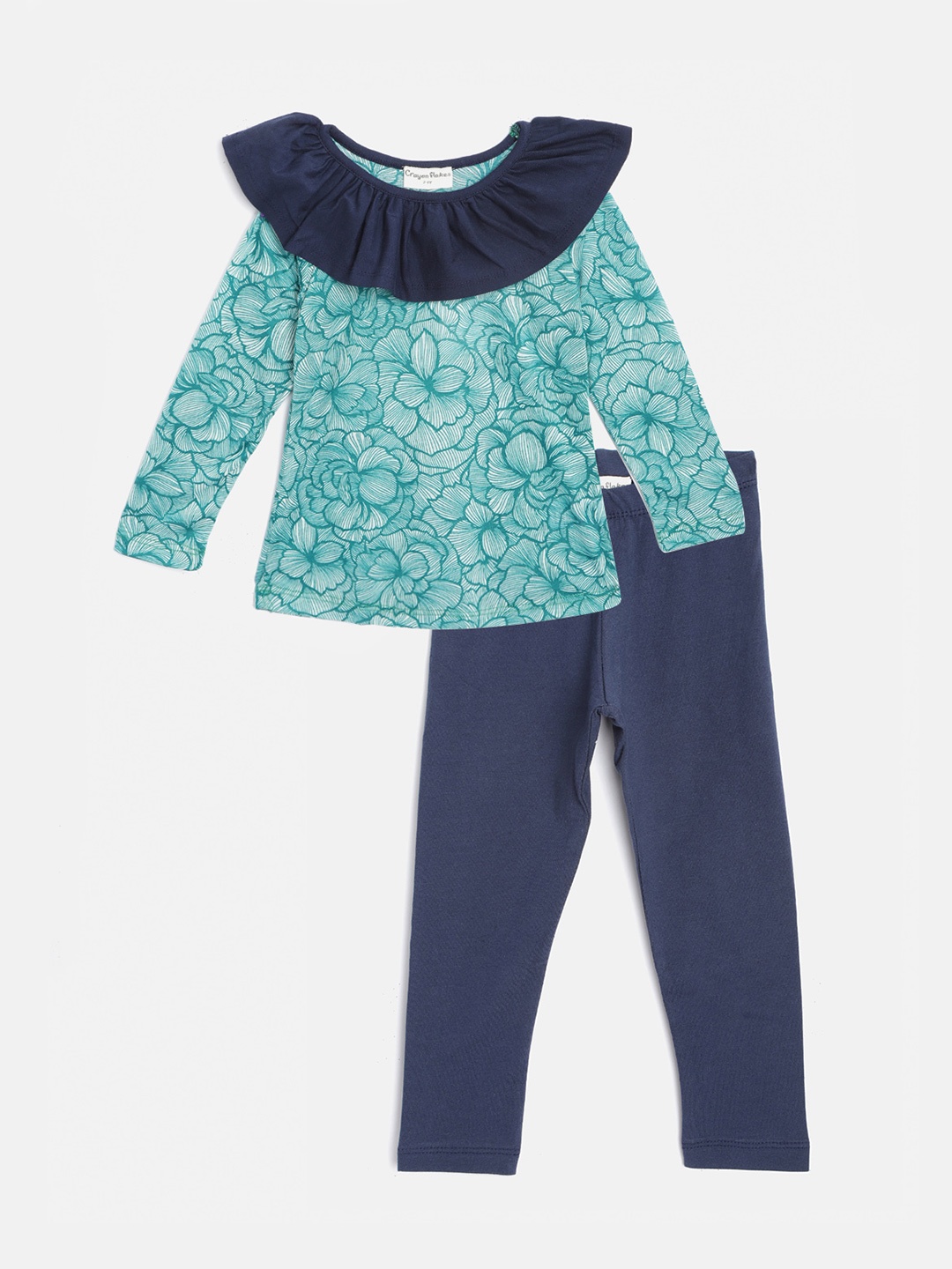 

CrayonFlakes Girls Green & Navy Blue Floral Print Top with Leggings