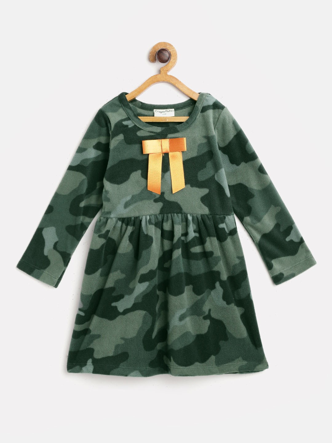 

CrayonFlakes Girls Green Camouflage Print Polar Fleece Winter Fit & Flare Dress with Bow