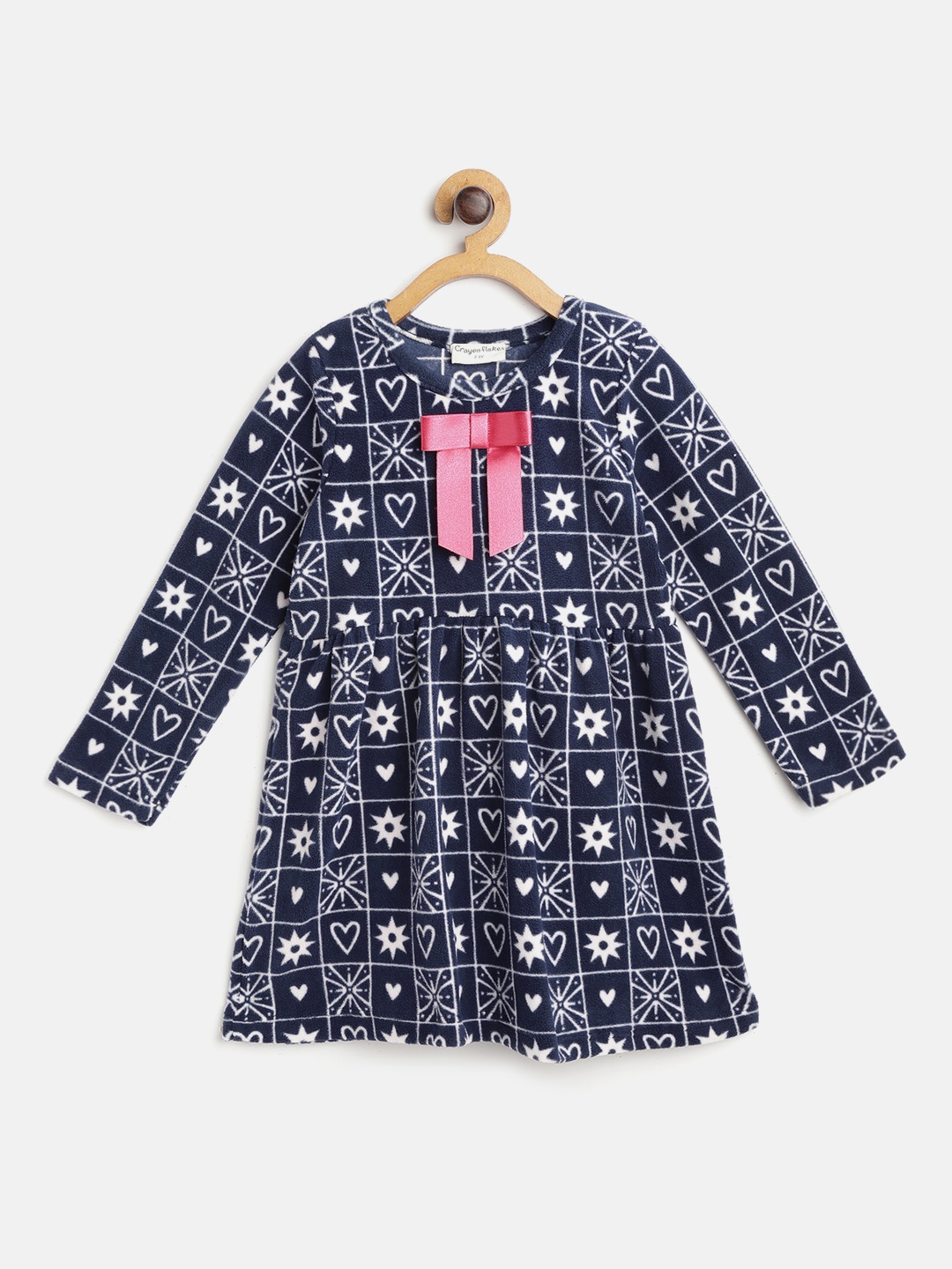 

CrayonFlakes Girls Navy Blue & White Printed Polar Fleece Winter Fit & Flare Dress