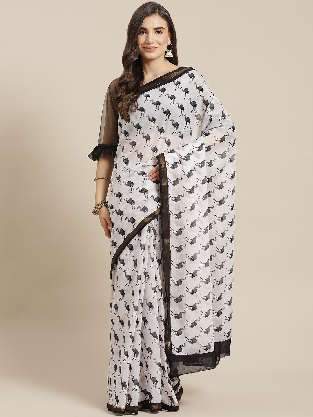 

Fusion Threads White & Black Ethnic Motifs Hand Block Print Pure Cotton Bagru Saree