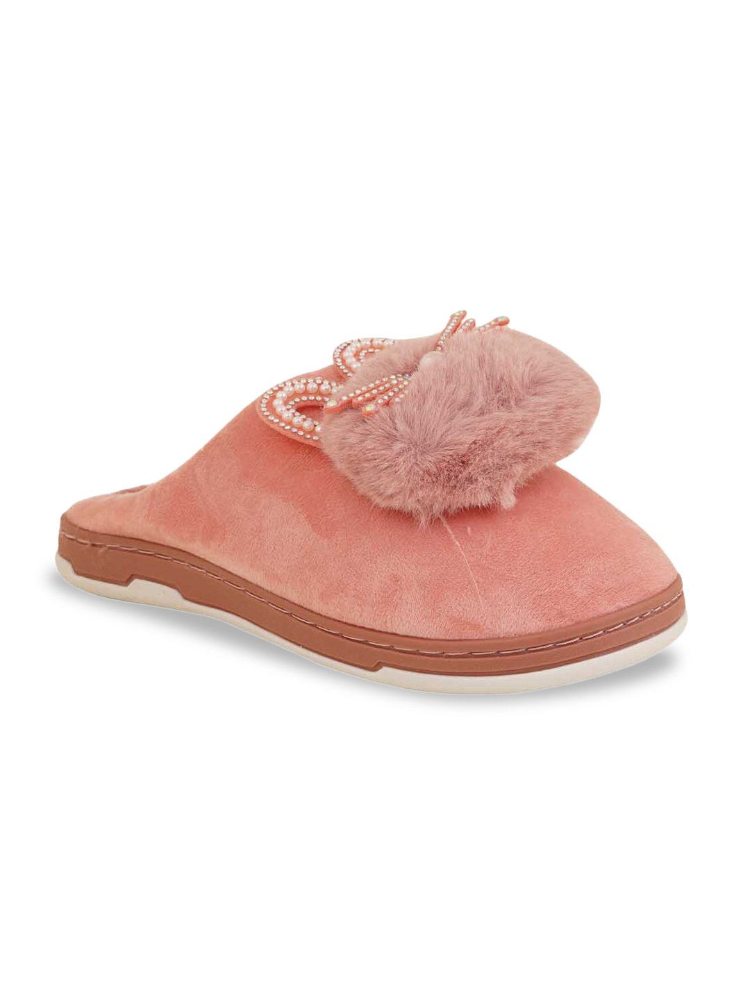 

SAPATOS Women Peach-Coloured & White Embellished Fur Room Slippers