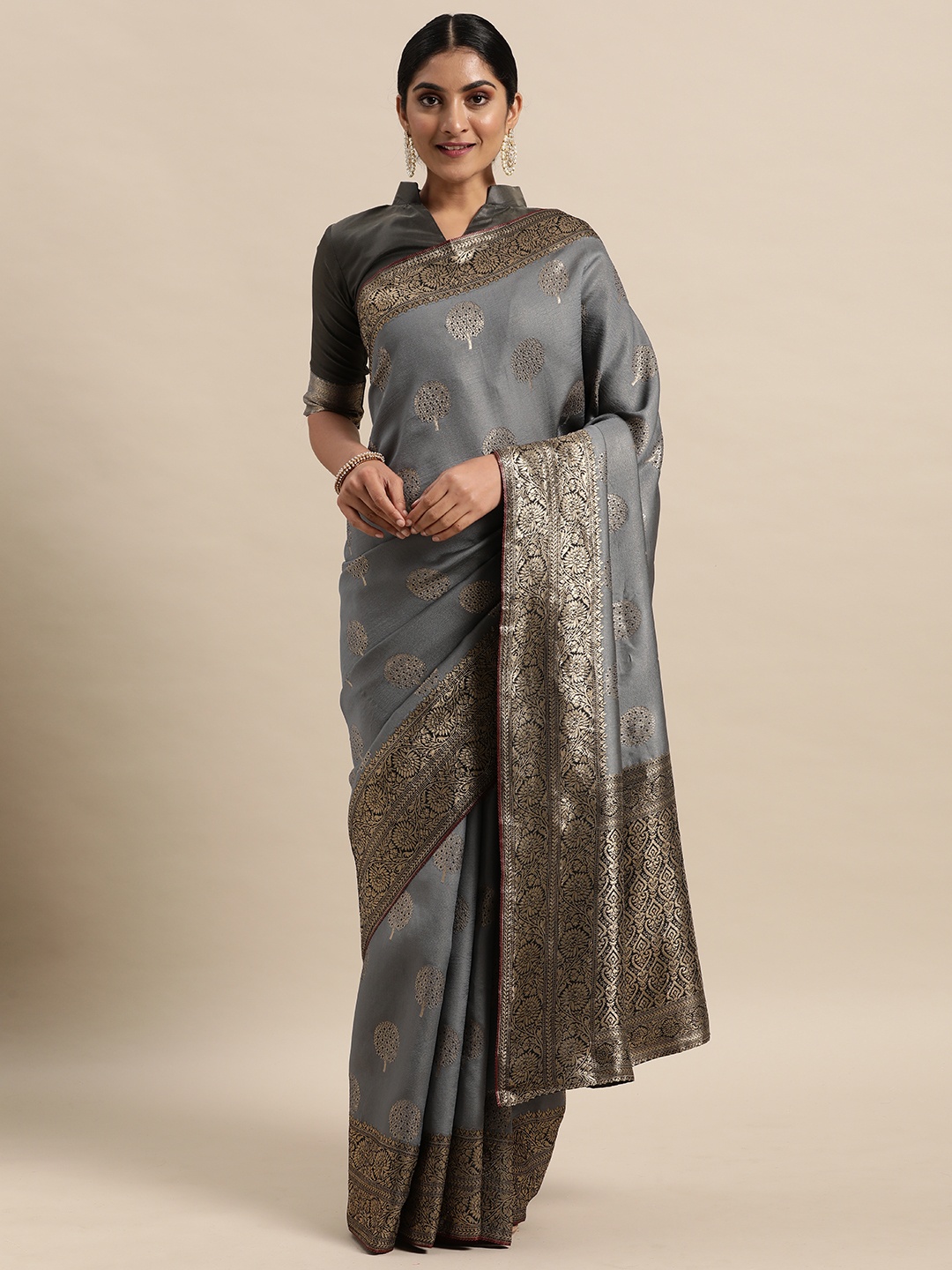 

Saree mall Grey Floral Silk Blend Banarasi Sarees