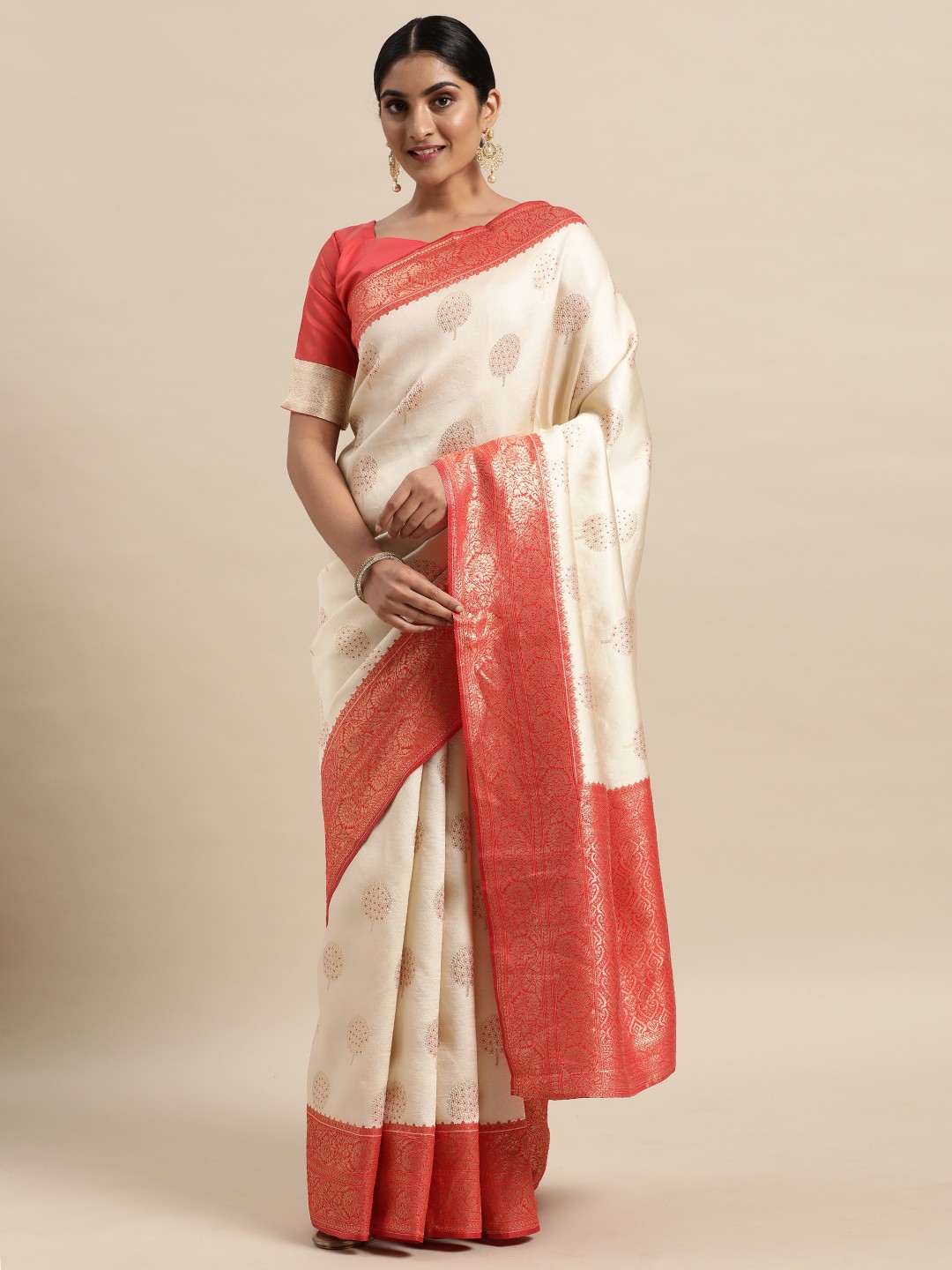 

Saree mall Beige & Red Floral Silk Blend Banarasi Sarees
