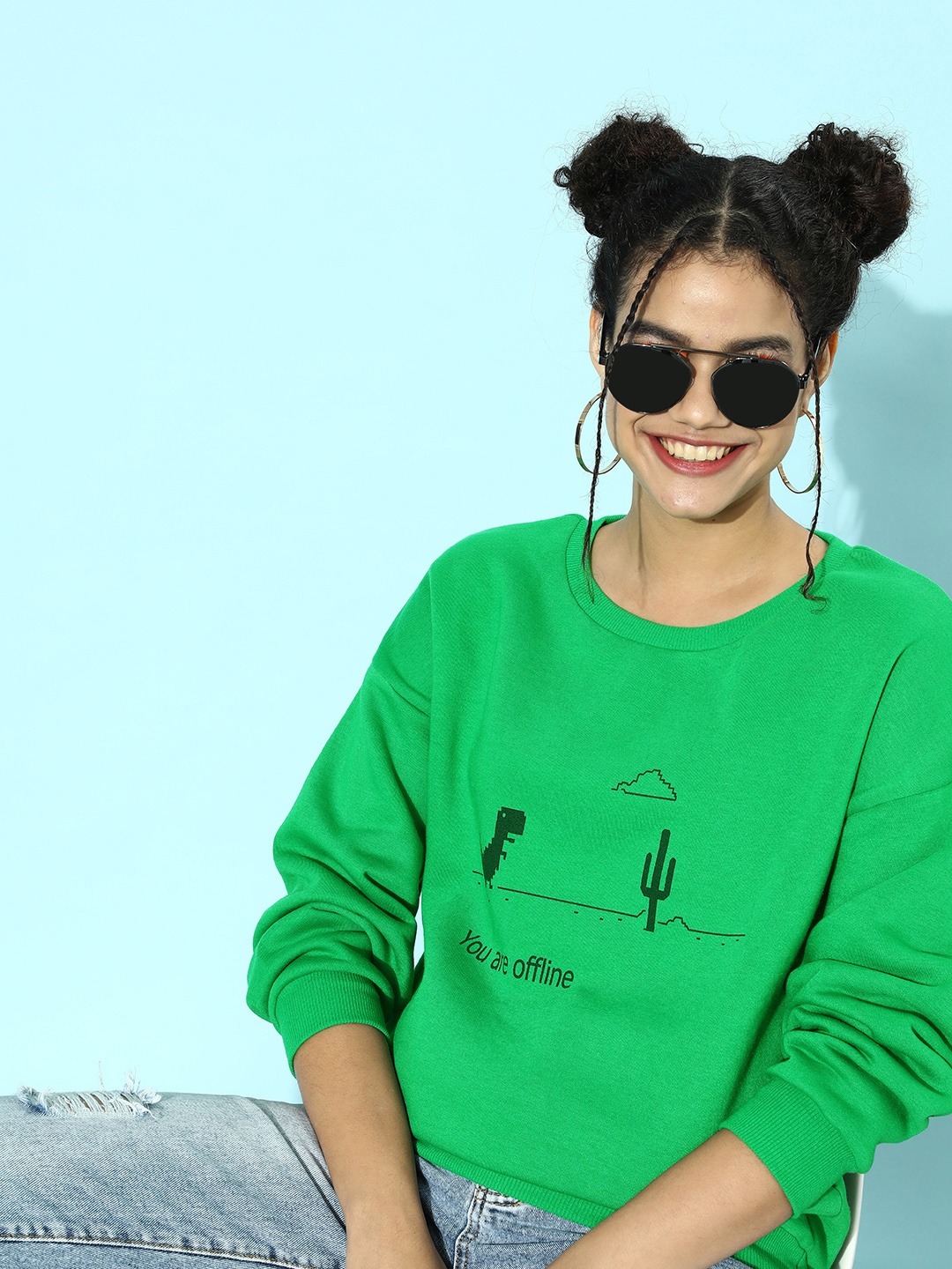 

STREET 9 Women Gorgeous Green Graphic Drop-Shoulder Sleeves Sweatshirt