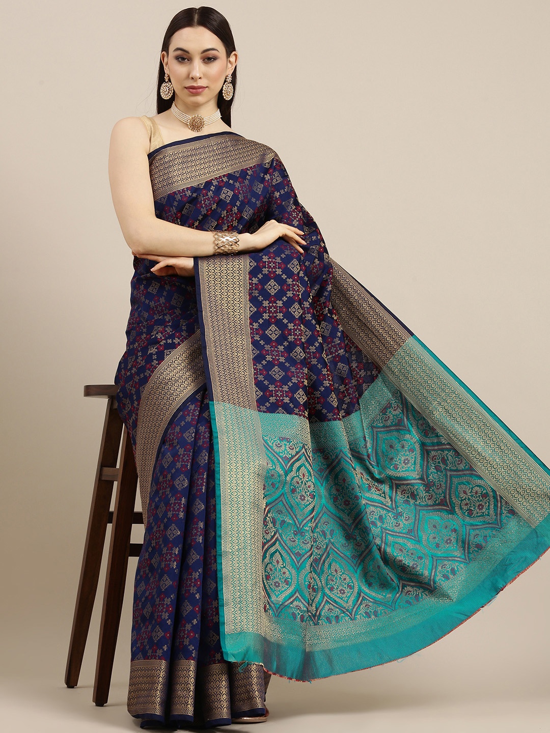 

all about you Navy Blue Woven Design Silk Blend Saree