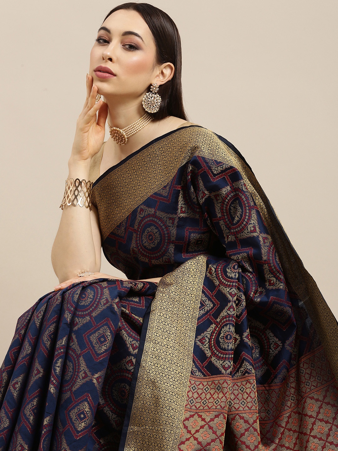 

all about you Navy Blue Woven Design Silk Blend Saree
