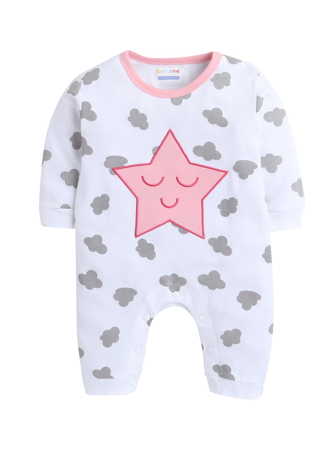 

BUMZEE Infant Boys White & Pink Printed Sleepsuit With Star Applique