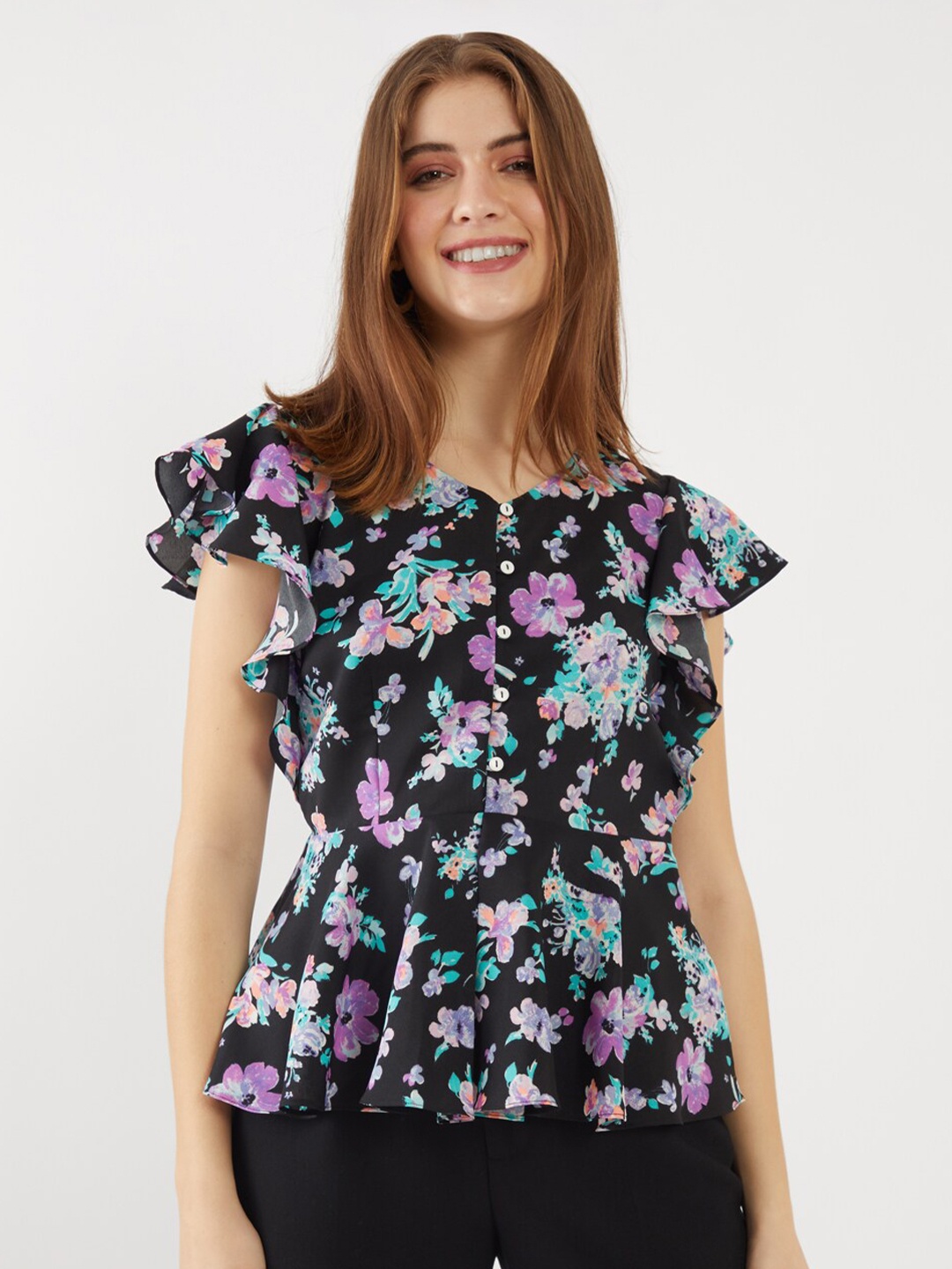 

Zink London Black Floral Print Peplum Top