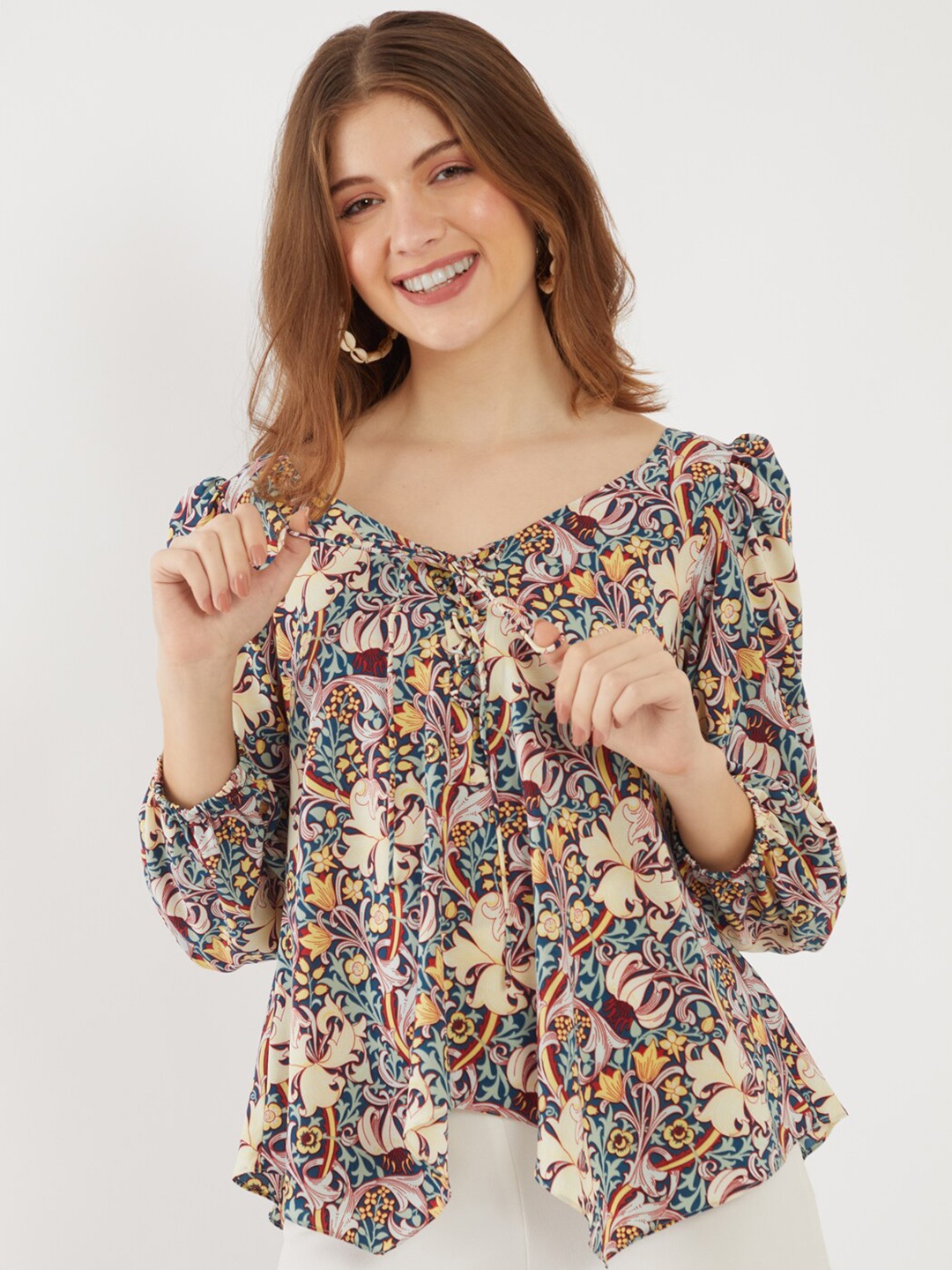 

Zink London Multicolour Floral Extended Sleeves Regular Top, Blue