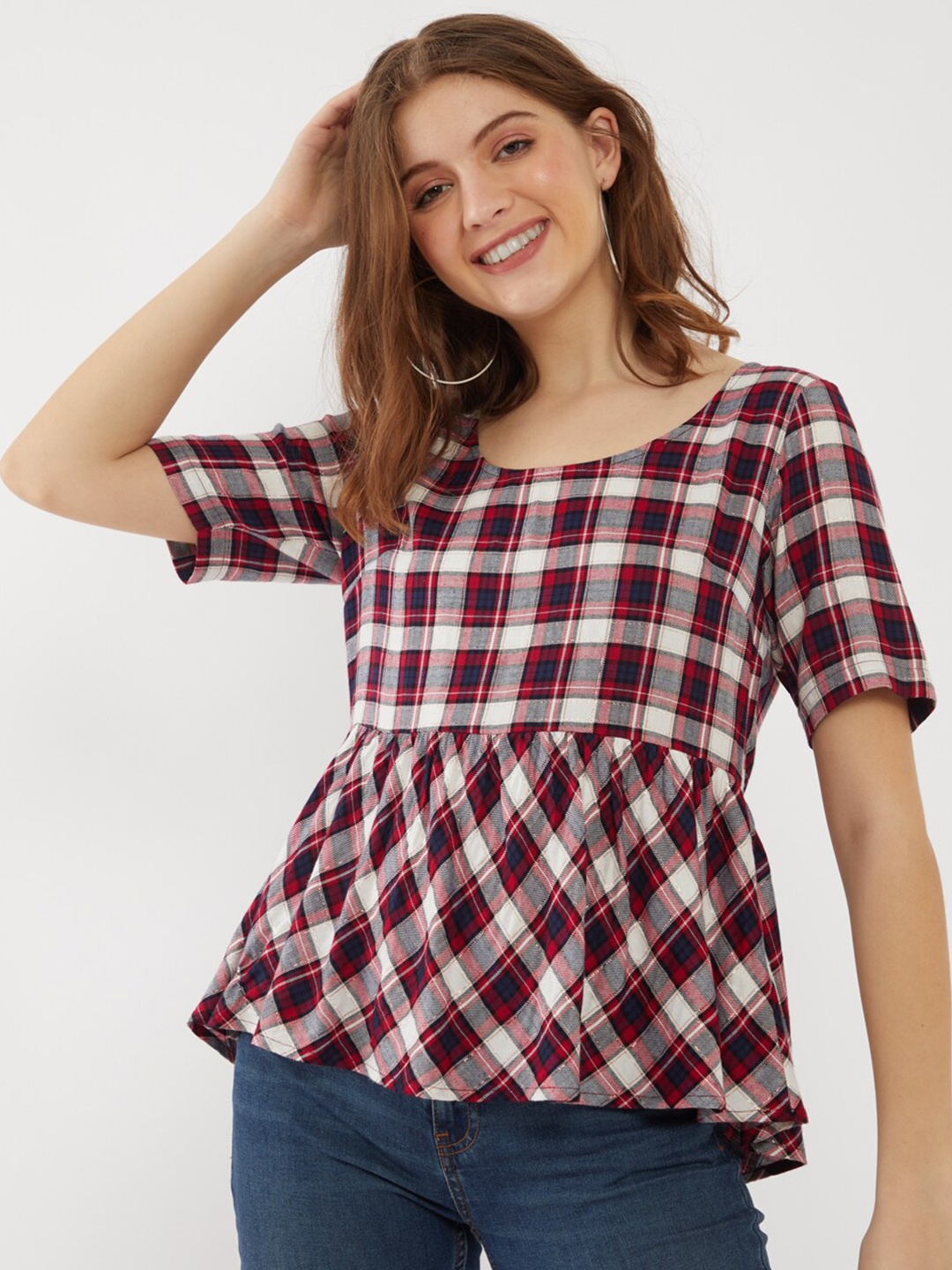 

Zink London Red & Black Checked Round Neck Empire Top