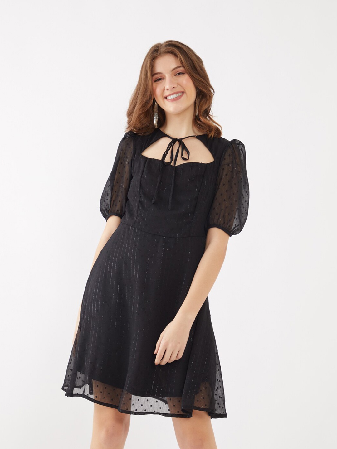

Zink London Women Black Tie-Up Fit & Flare Dress