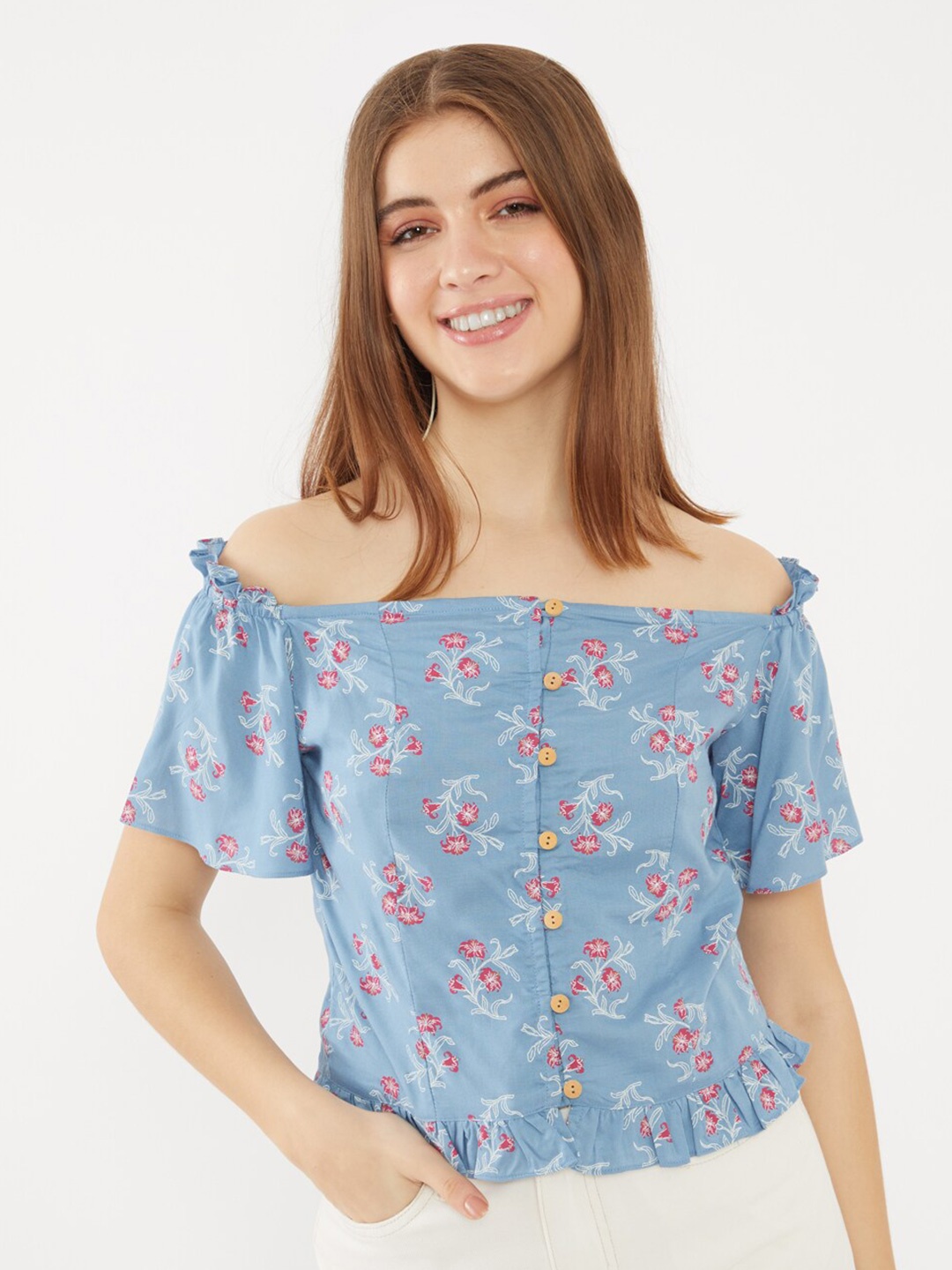 

Zink London Women Blue Floral Off-Shoulder Bardot Top