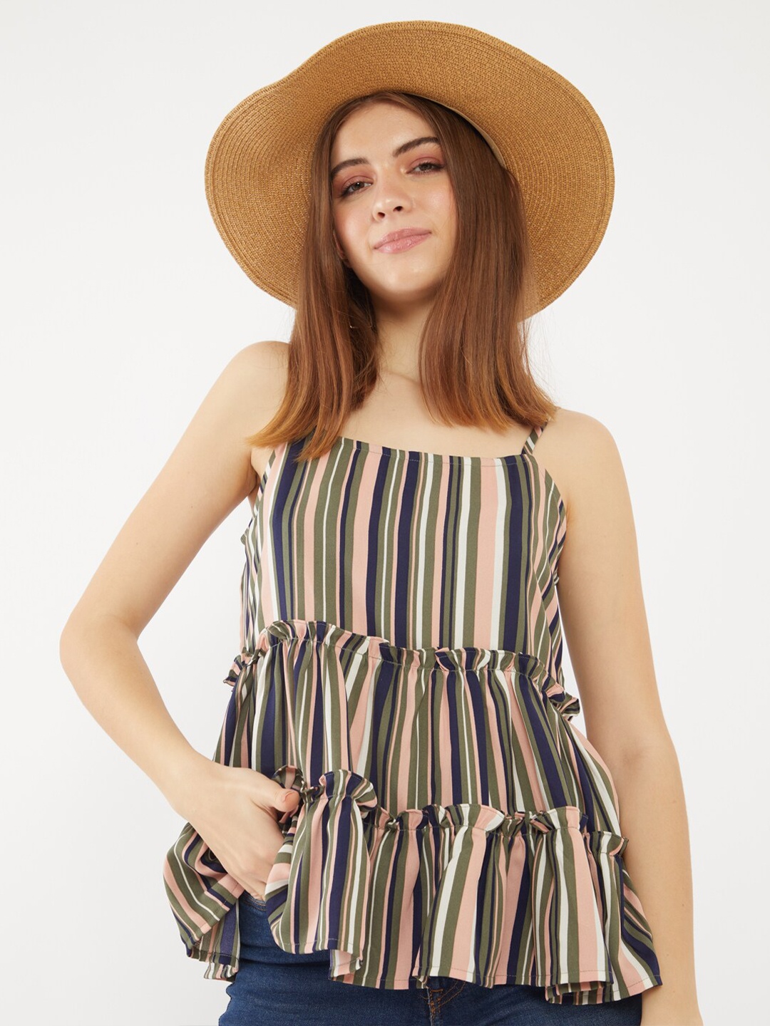 

Zink London Woman Green Striped Tiered Top