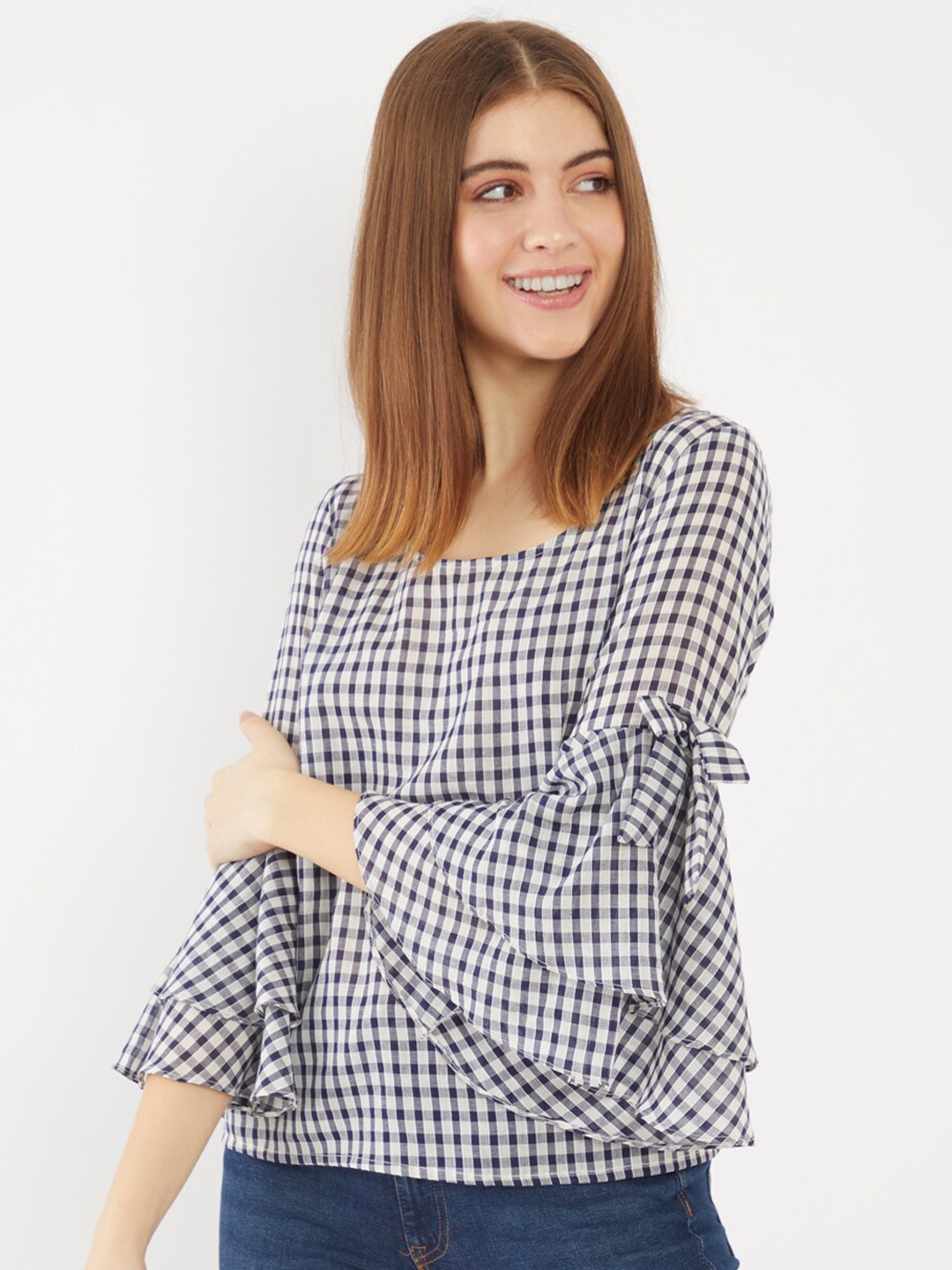 

Zink London Women Navy Blue Checked Regular Top