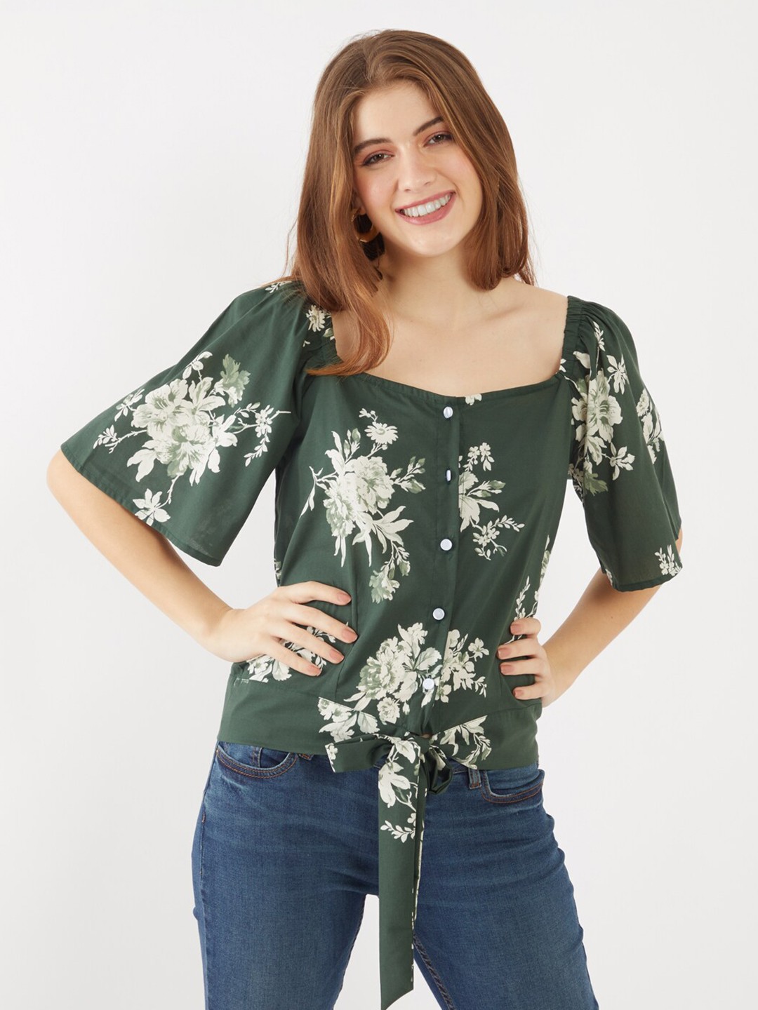 

Zink London Green & White Floral Print Pure Cotton Top