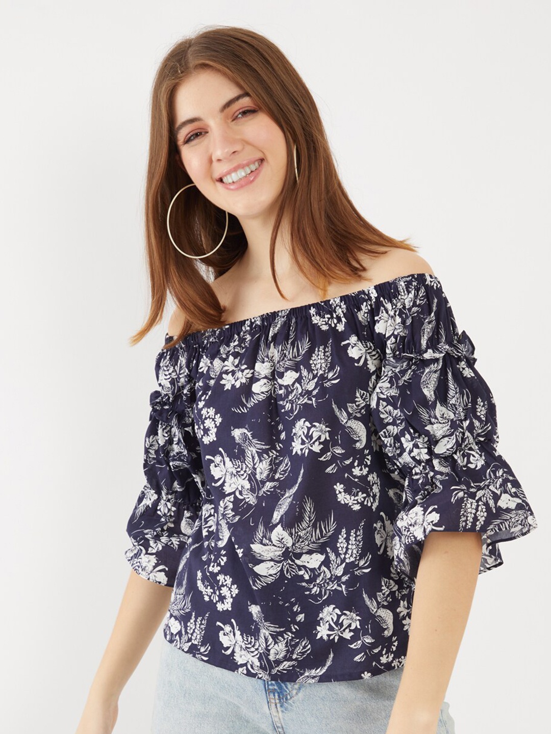 

Zink London Navy Blue Floral Print Off-Shoulder Cotton Bardot Top