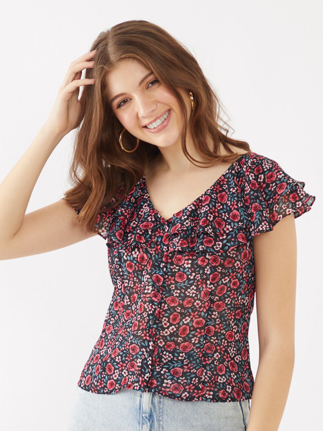

Zink London Black & Red Floral Print Shirt Style Top
