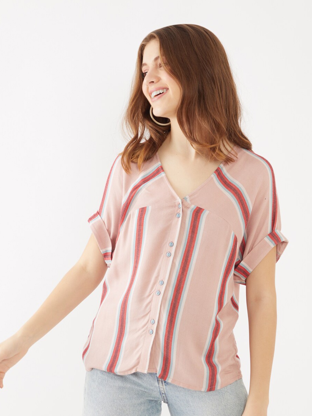

Zink London Pink Striped Extended Sleeves Top