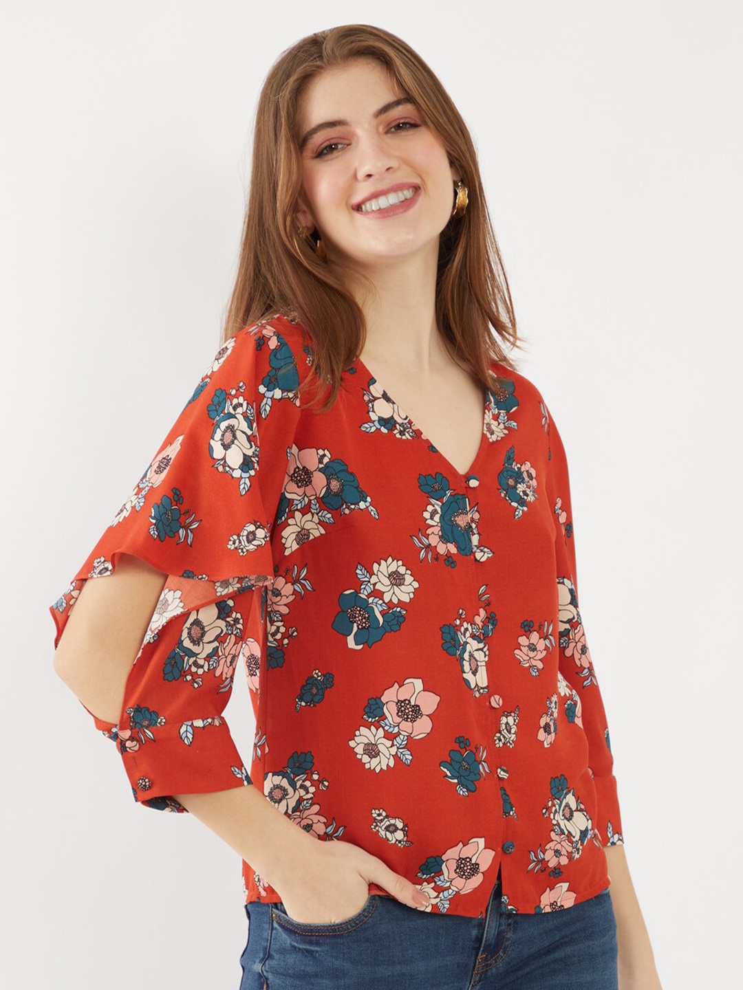 

Zink London Women Red Floral Regular Top