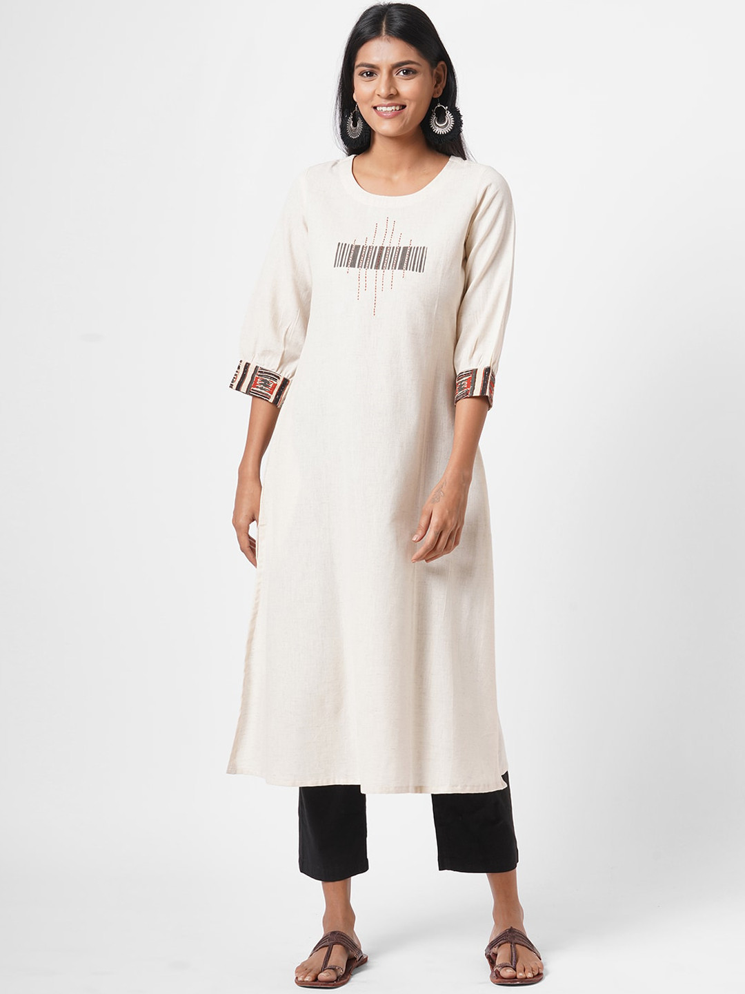 

KAMI KUBI Women Cream-Coloured Block Printed A-line Cotton Kurta