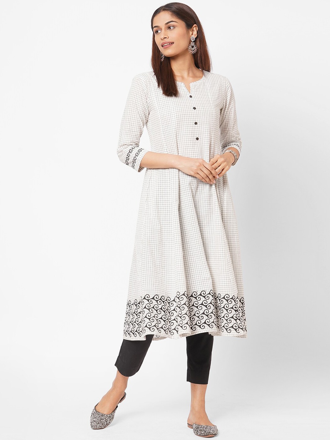 

KAMI KUBI Women White Checked Pure Cotton Anarkali Kurta