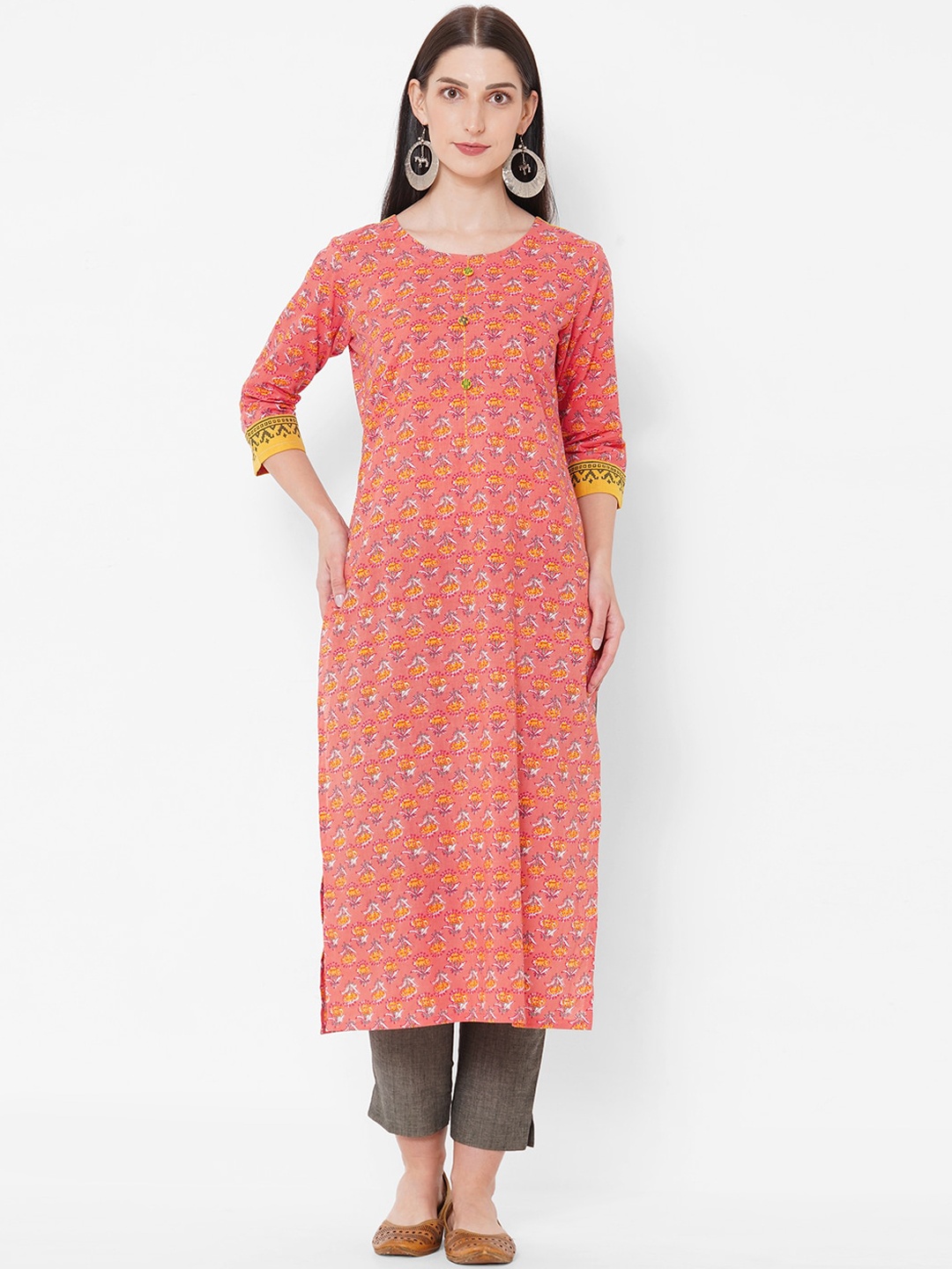 

KAMI KUBI Women Peach-Coloured Ethnic Motifs Pure Cotton Printed Kurta