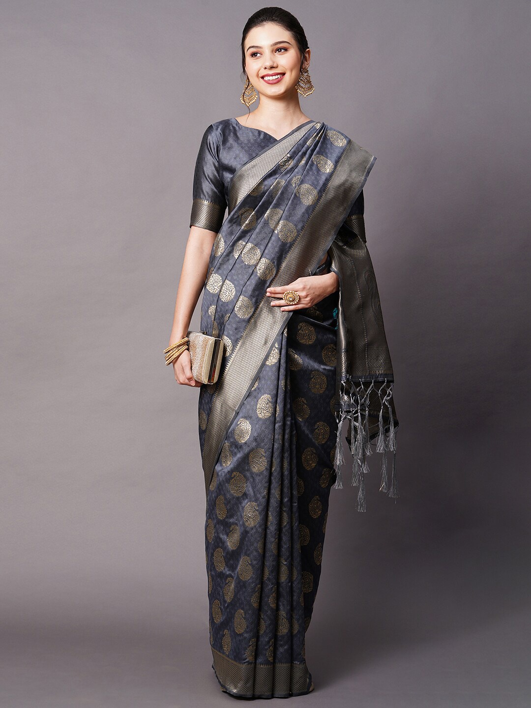 

Mitera Grey & Gold-Coloured Ethnic Motifs Zari Silk Blend Banarasi Saree