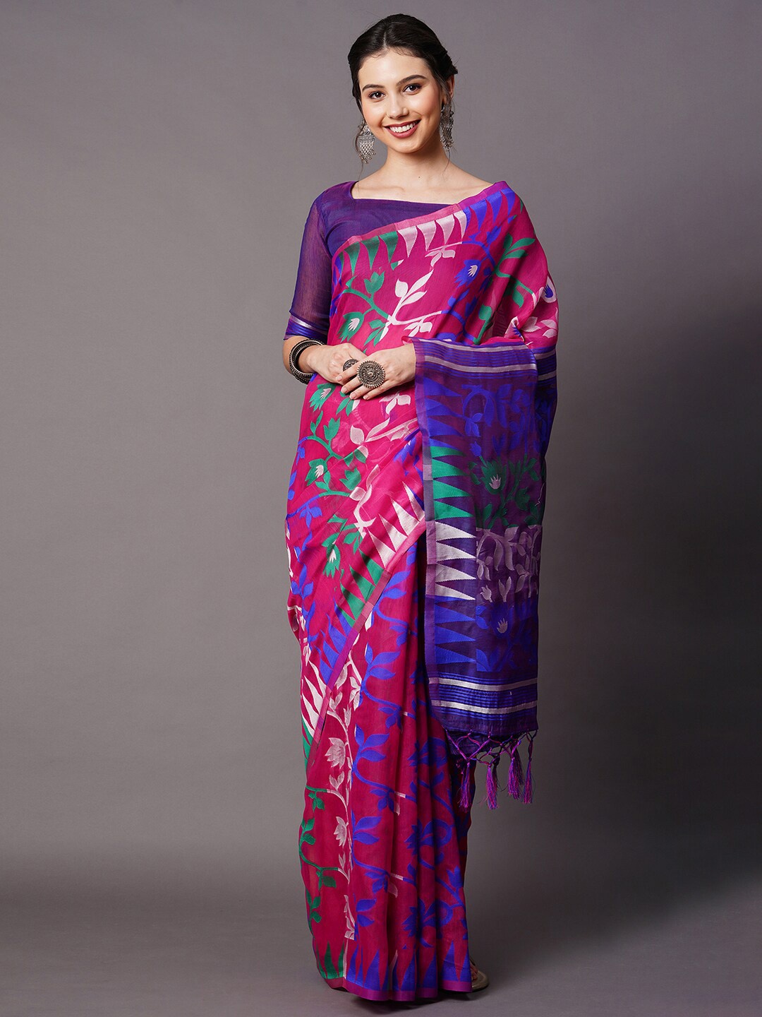 

Mitera Pink & Blue Floral Silk Cotton Saree