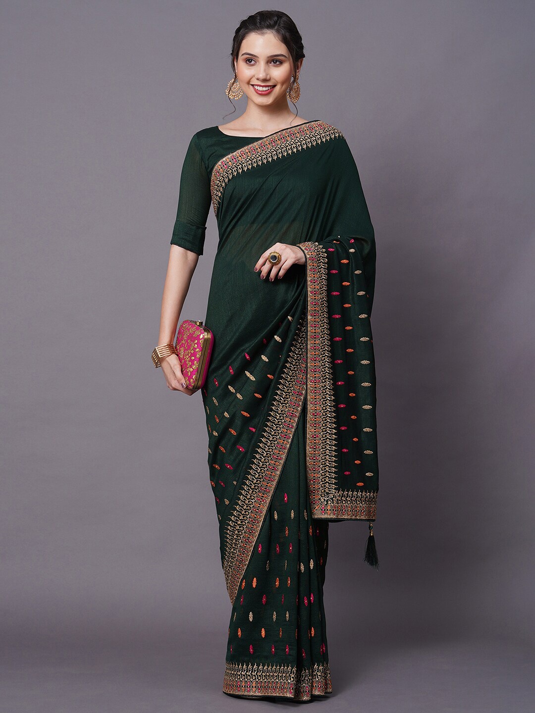 

Mitera Green & Pink Ethnic Motifs Embroidered Silk Blend Saree