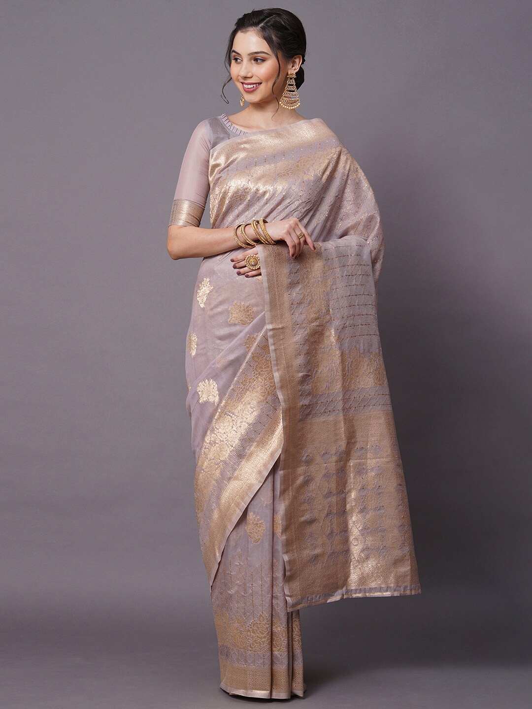 

Mitera Mauve & Gold-Toned Ethnic Motifs Sequinned Silk Blend Banarasi Saree