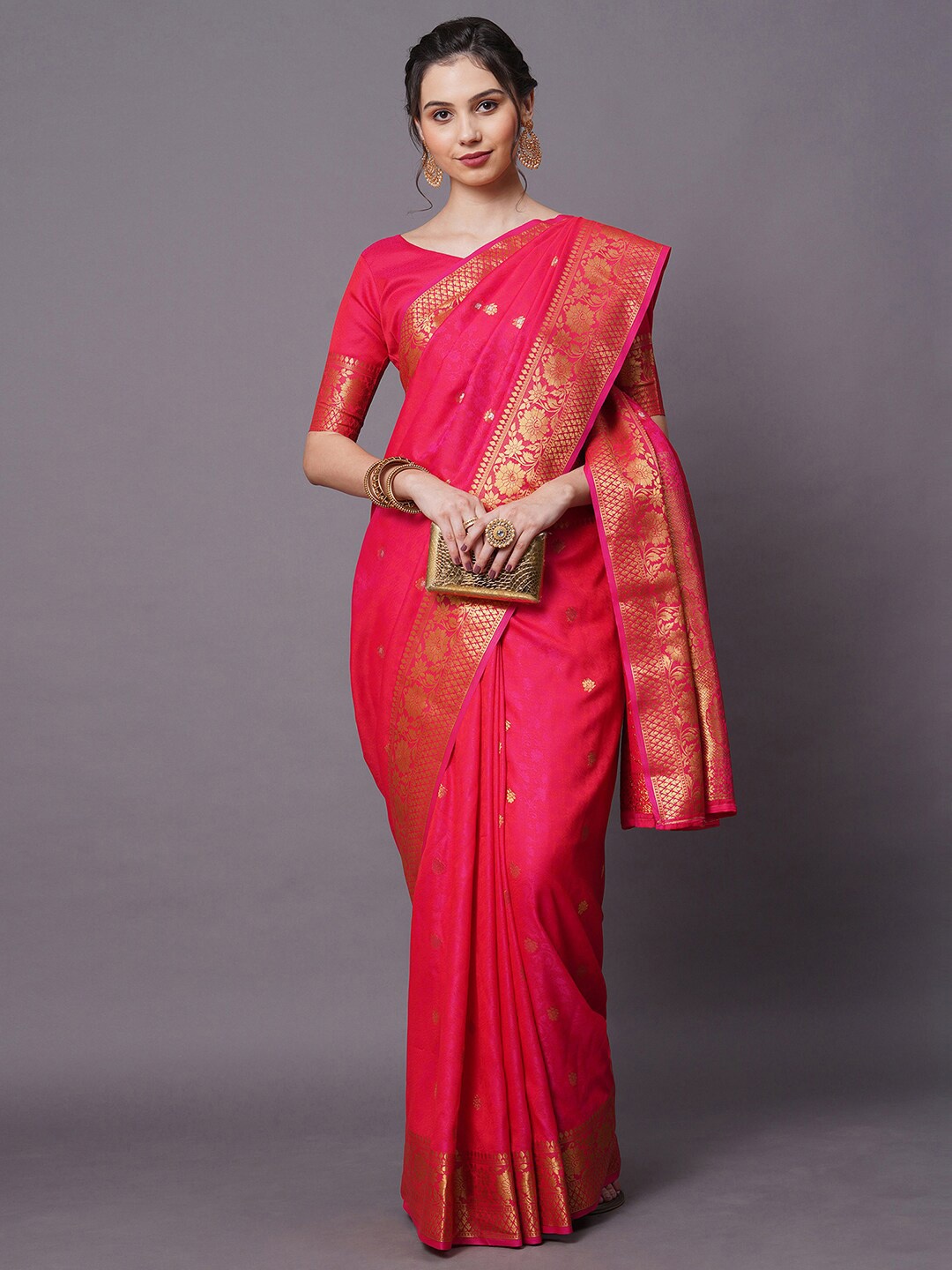 

Mitera Pink & Gold-Toned Ethnic Motifs Zari Silk Blend Banarasi Saree