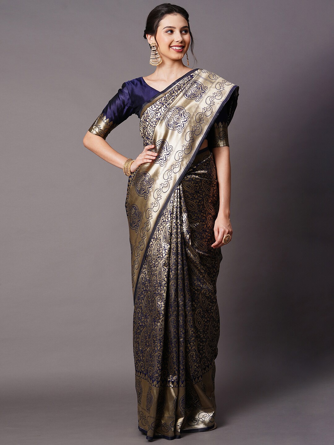 

Mitera Navy Blue & Gold Ethnic Motifs Silk Blend Banarasi Saree