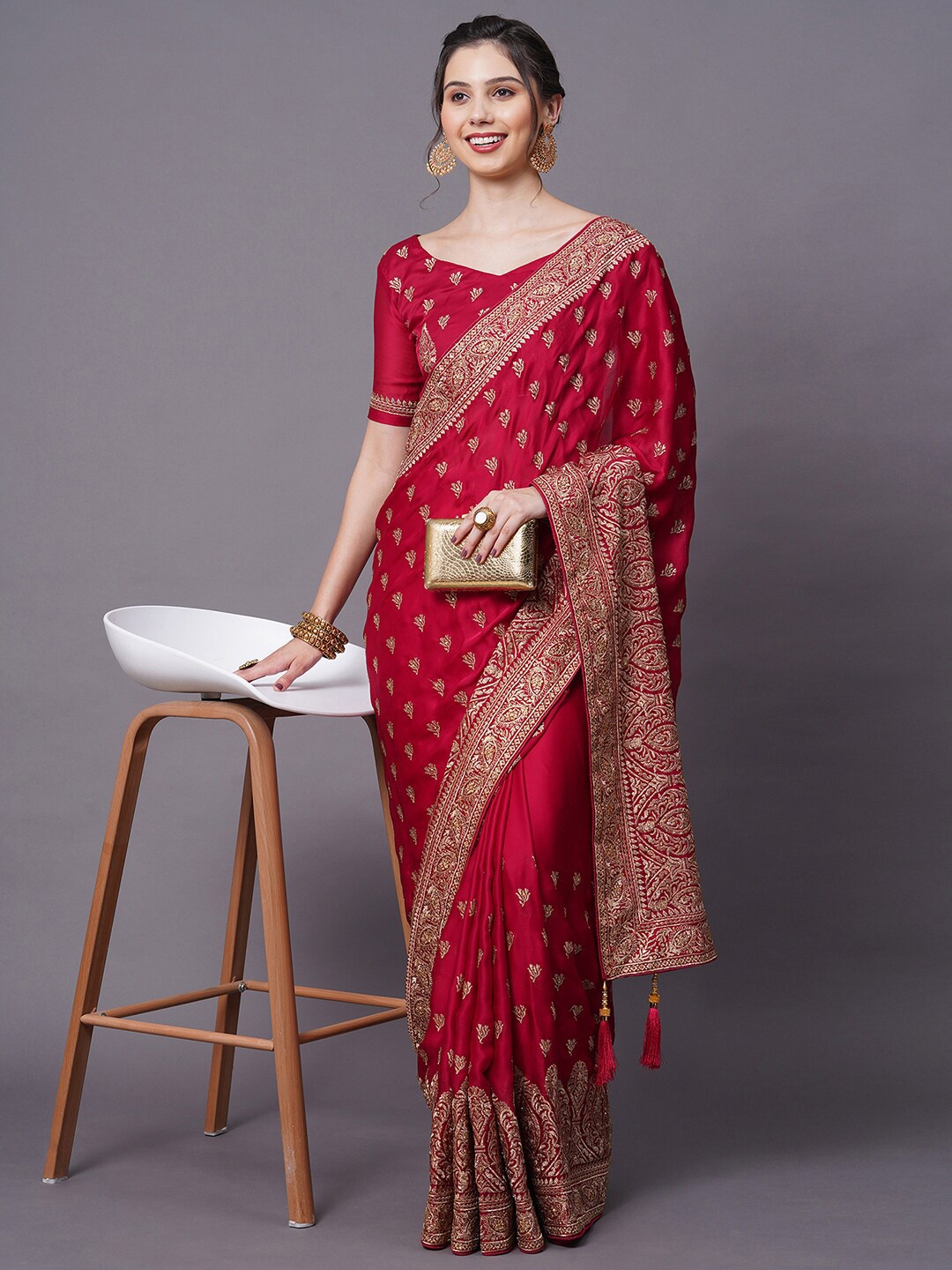 

Mitera Magenta & Beige Ethnic Motifs Zardozi Satin Saree