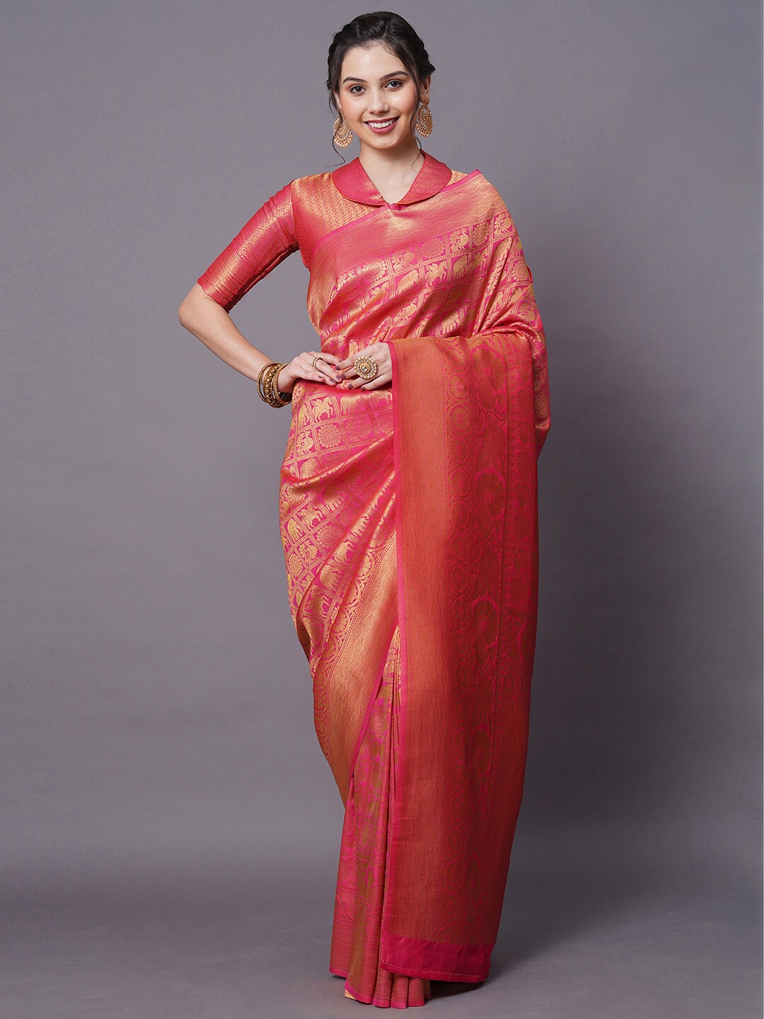 

Mitera Pink & Gold-Toned Woven Design Silk Blend Banarasi Saree