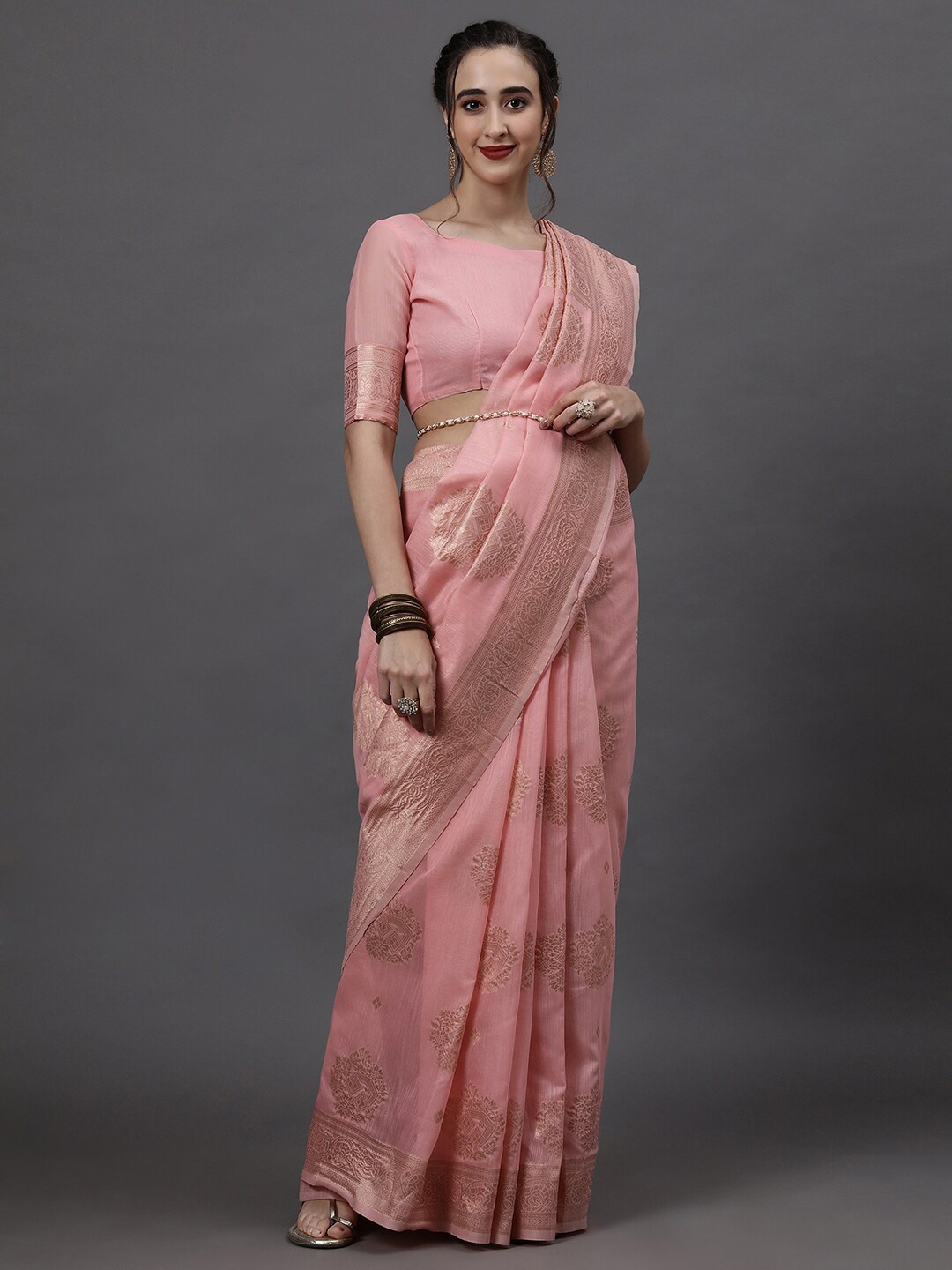 

Mitera Pink & Gold-Toned Woven Design Linen Blend Banarasi Saree