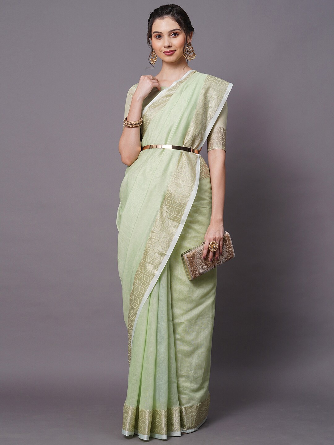 

Mitera Green & Gold-Toned Zari Linen Blend Saree