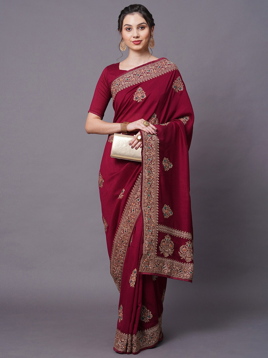 

Mitera Maroon & Gold-Toned Ethnic Motifs Embroidered Silk Blend Saree