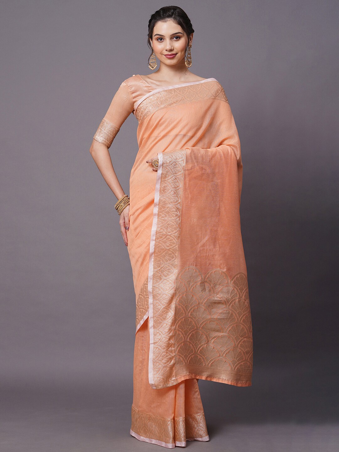 

Mitera Peach-Coloured & Gold-Toned Ethnic Motifs Zari Linen Blend Saree