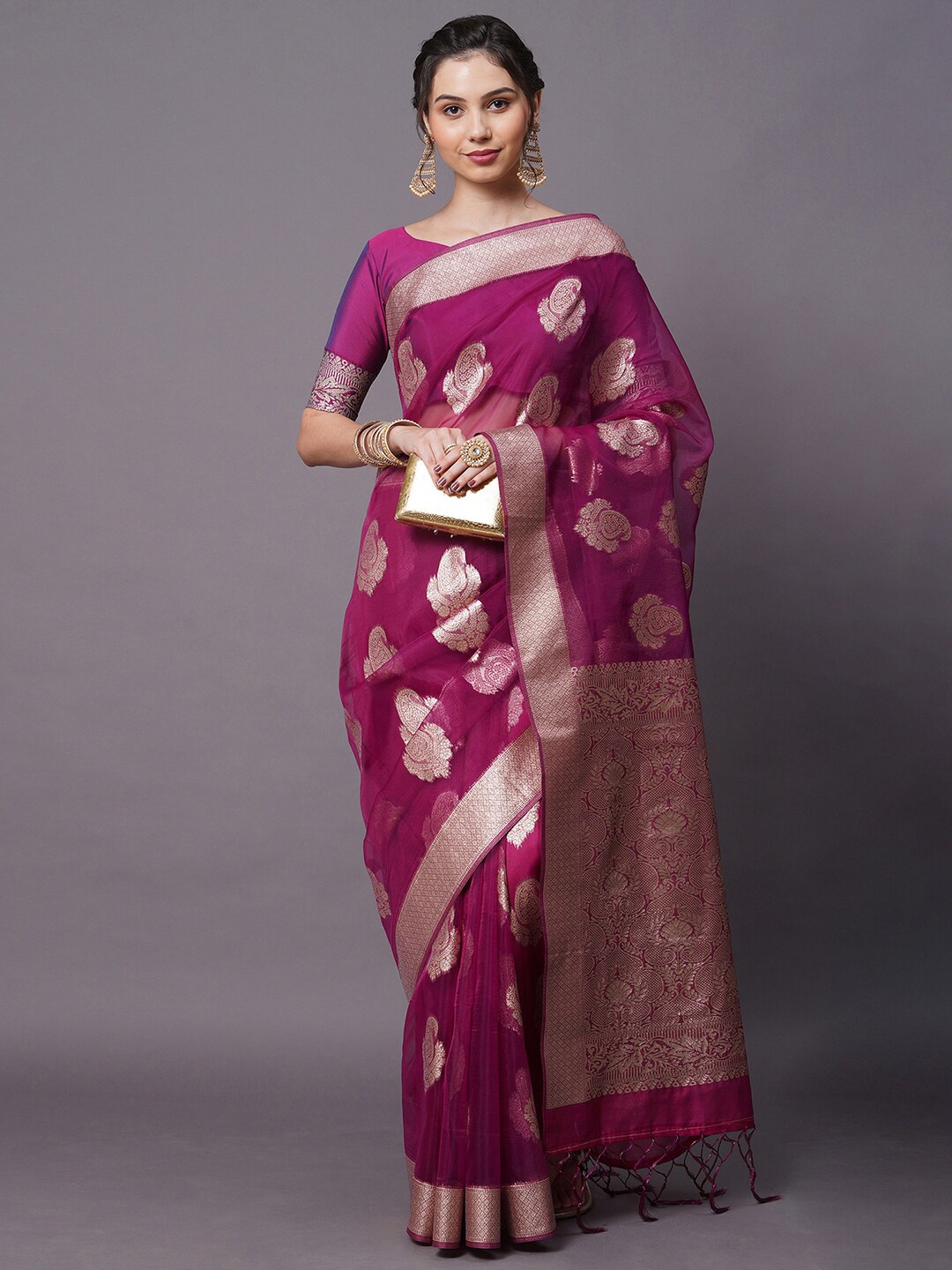 

Mitera Purple & Gold Ethnic Motifs Organza Banarasi Saree