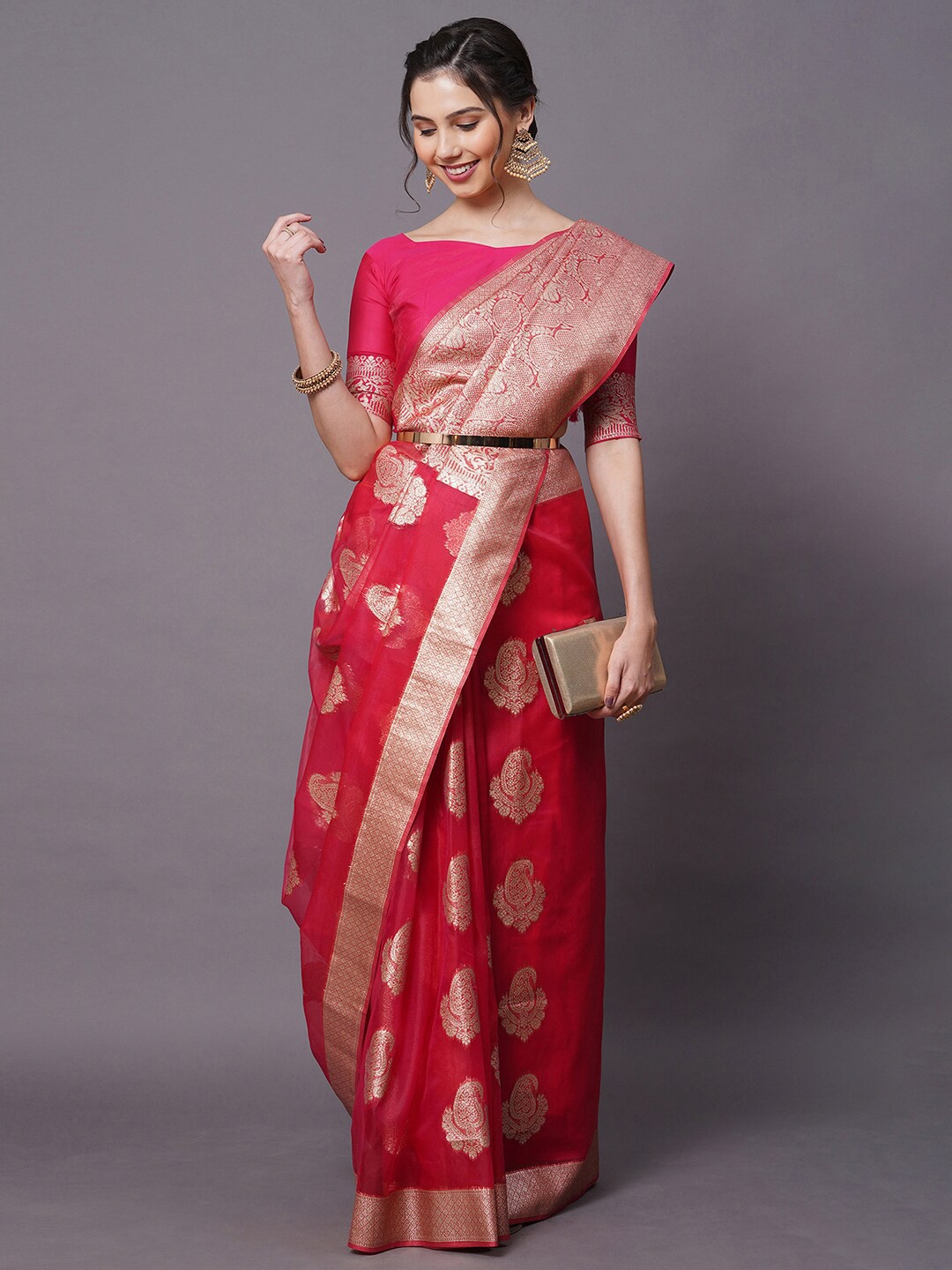 

Mitera Pink & Gold-Toned Ethnic Motifs Organza Banarasi Saree