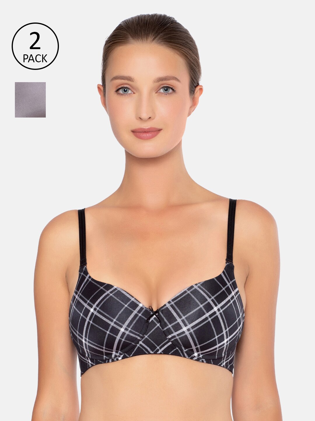 

Triumph Microfibre Padded Wireless Printed And Solid T-Shirt Bra - Pack of 2, Black