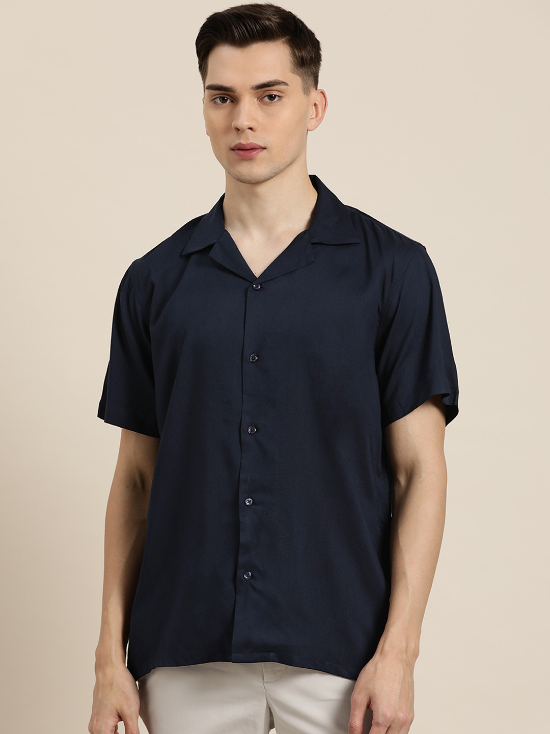 

Hancock Men Navy Blue Solid Casual Shirt