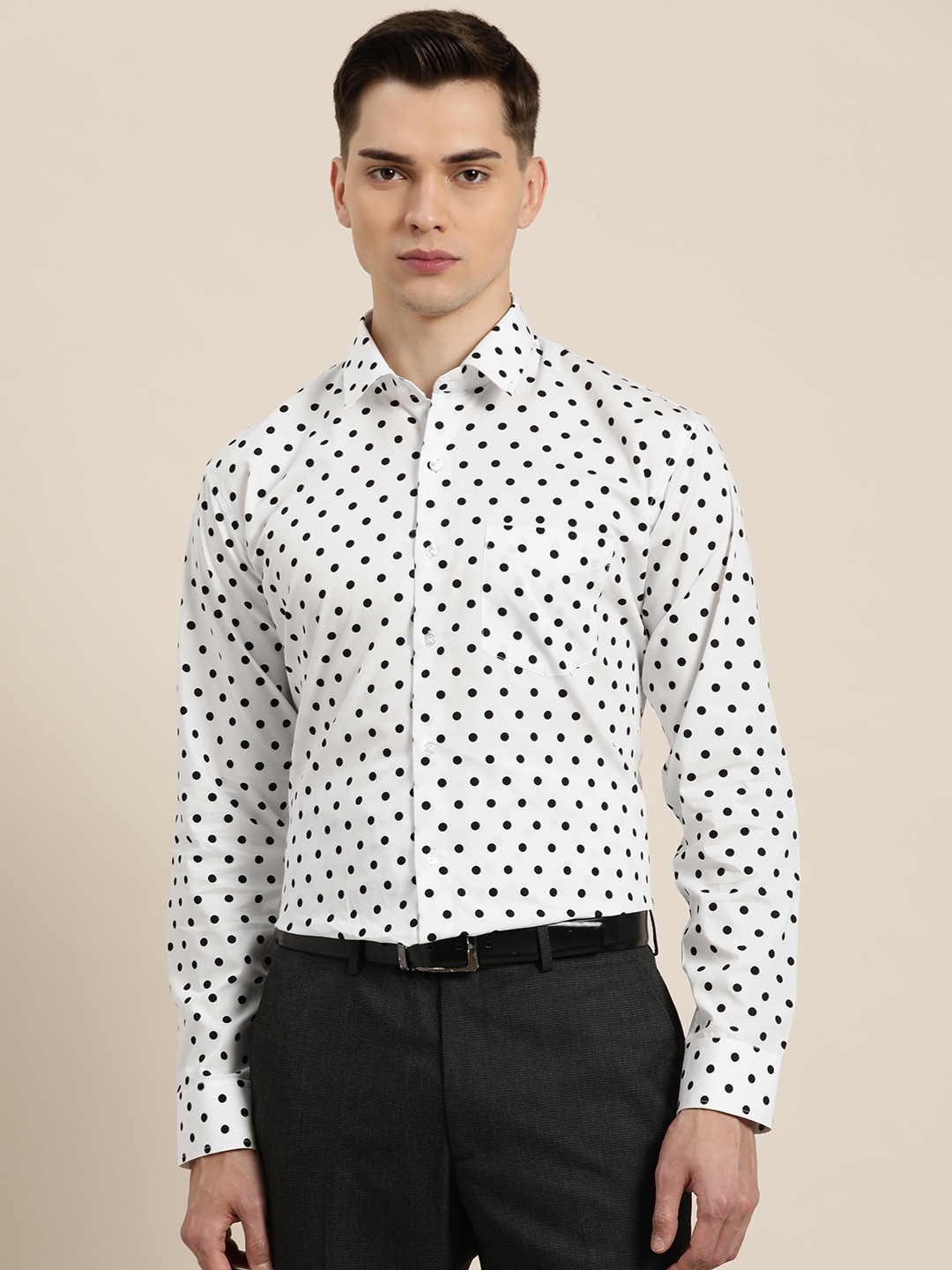 

Hancock Men White & Black Pure Cotton Slim Fit Polka Dot Print Formal Shirt