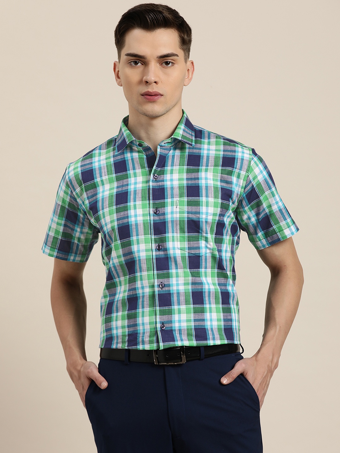 

Hancock Men Navy Blue & Green Pure Cotton Slim Fit Checked Semiformal Shirt