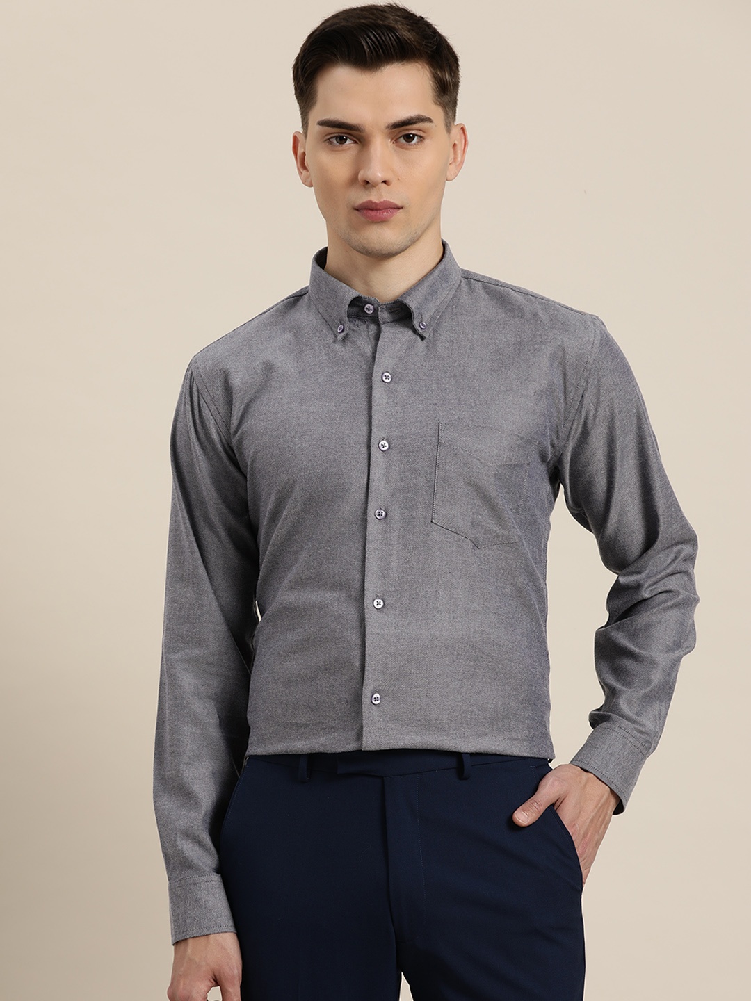 

Hancock Men Navy Blue & Grey Pure Cotton Slim Fit Self-Design Formal Shirt