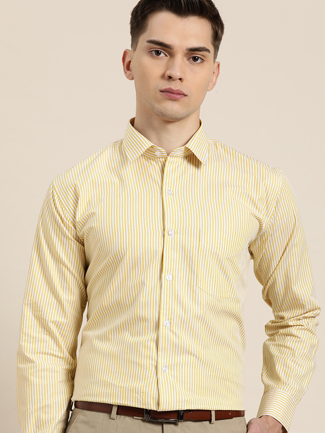 

Hancock Men Yellow & White Pure Cotton Slim Fit Striped Formal Shirt