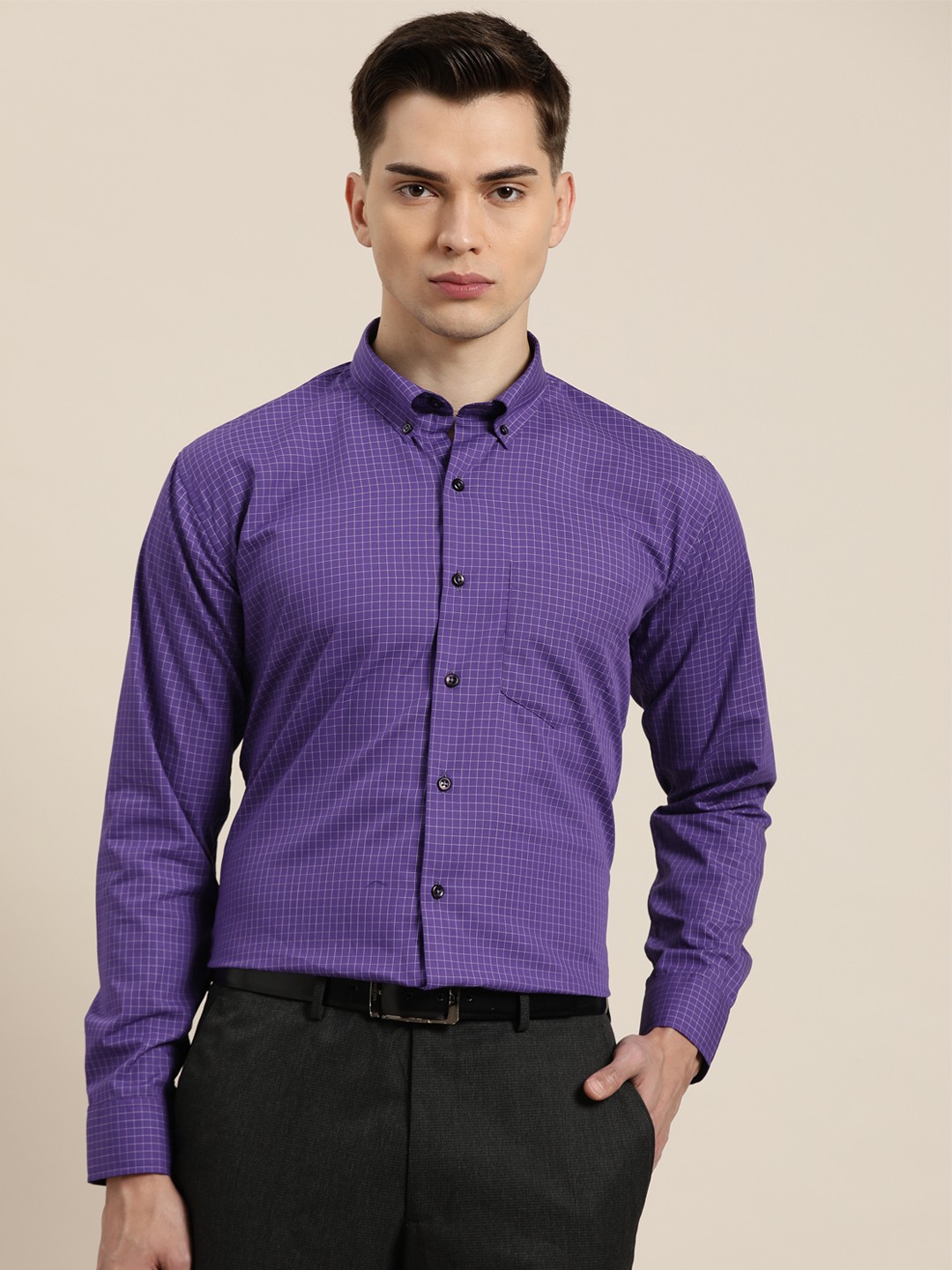 

Hancock Men Purple & White Pure Cotton Slim Fit Checked Formal Shirt