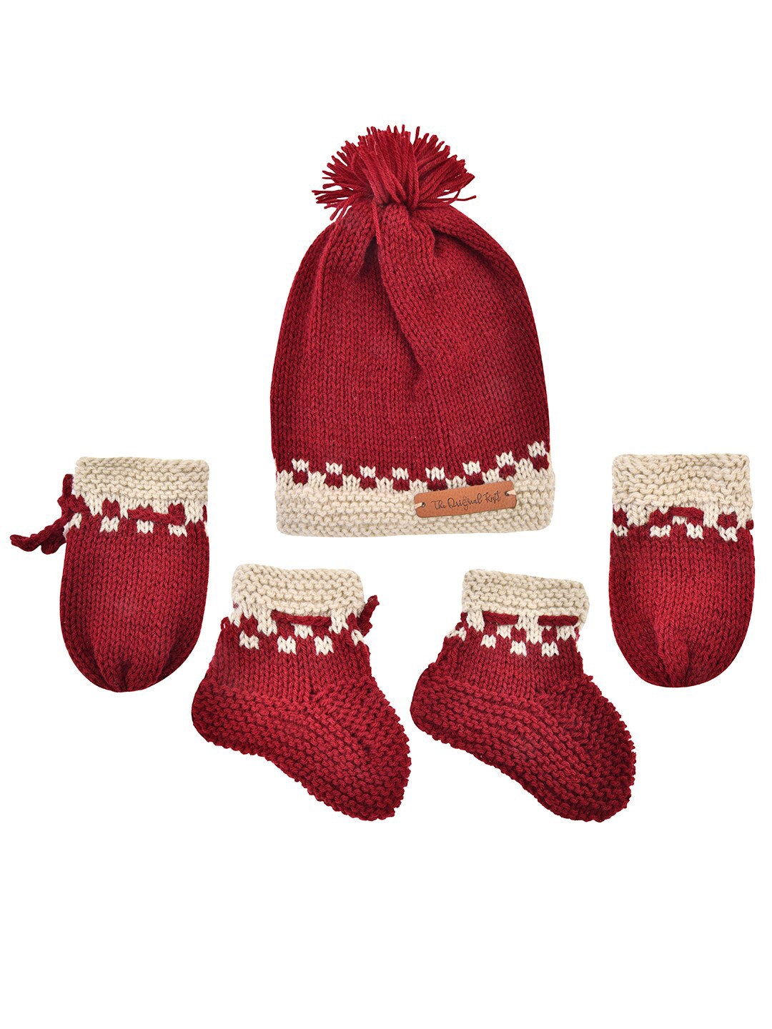 

The Original Knit Kids Maroon & Beige Beanie with Mittens and Socks