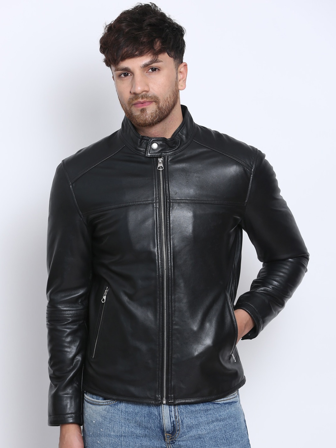 

Justanned Men Black Leather Biker Jacket