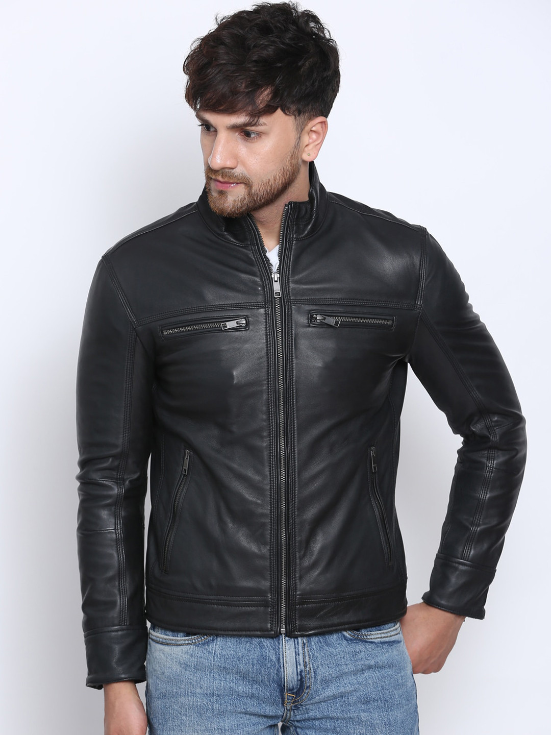 

Justanned Men Black Geometric Lightweight Crop Outdoor Leather Jacket